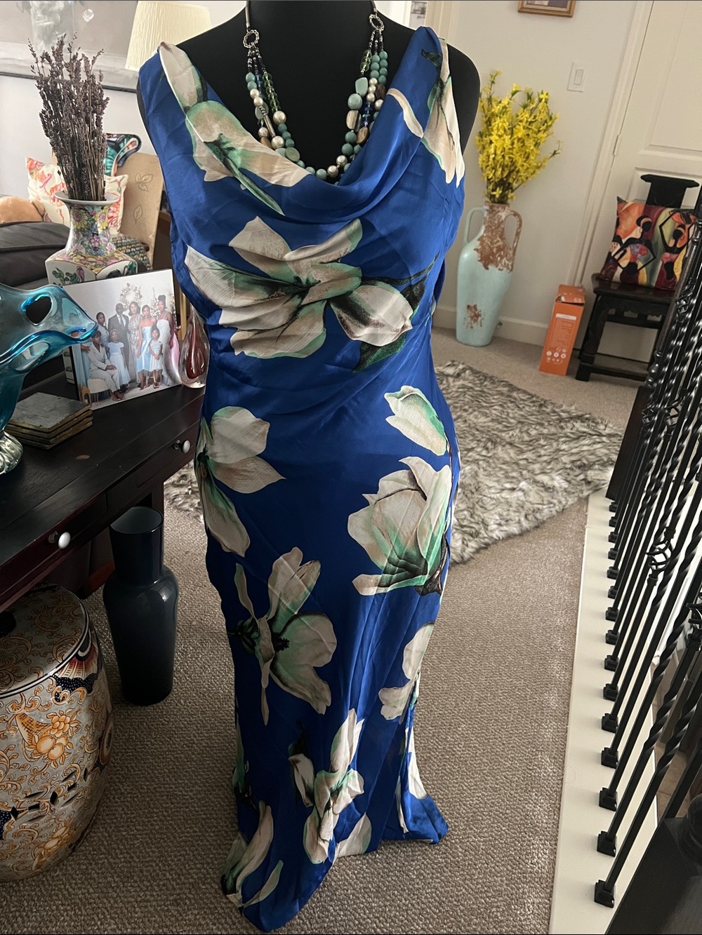 Blue Floral Cowl Neck Maxi Dress by AKIRA
